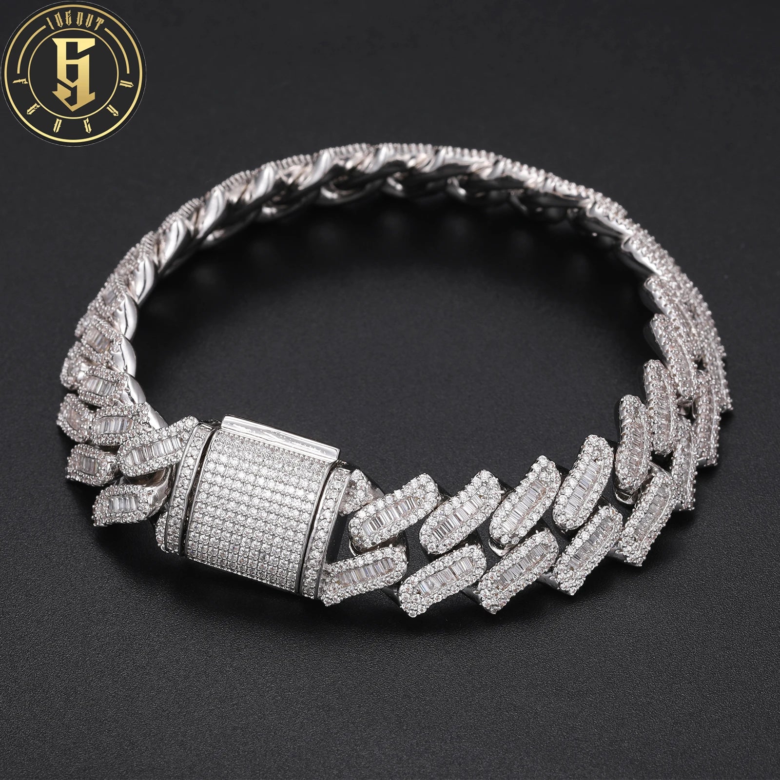Factory Wholesale Luxury 16mm White Gold Brass Prong Setting Baguette CZ Diamond Hip Hop Mens Party Gift Cuban Link Bracelet