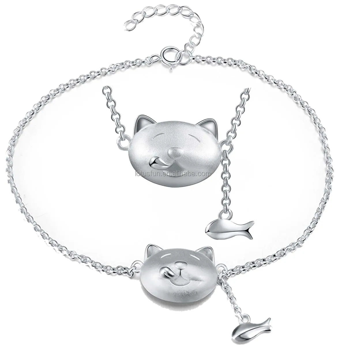 Lotus Fun Fashion 925 Sterling Silver Cat and Fish  Shell Bracelet & Necklace Jewelry Wholesale Fine Jewelry for Women