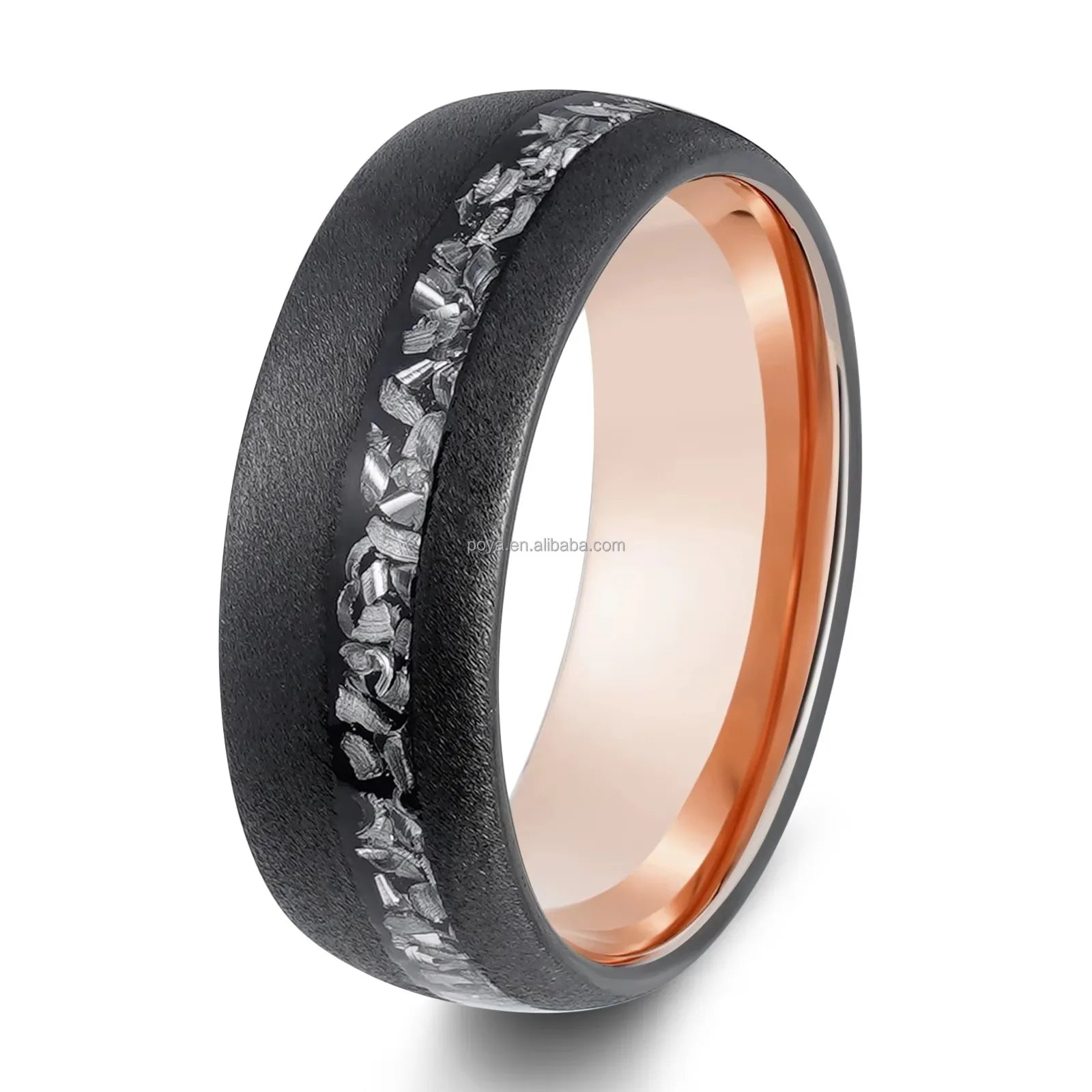 Poya Unisex 8mm Sandblasted Rose Gold Black Tungsten Crushed Meteorite Trendy Wedding Bands Jewelry Customizable