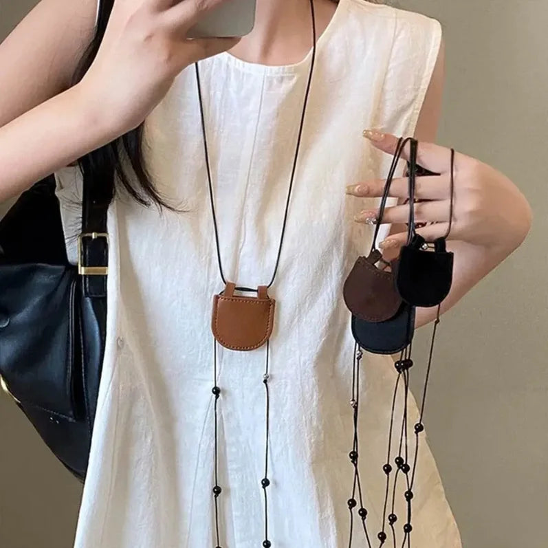 Trendy Mini Crescent Moon Bag Necklace Accessories Long Rope Lanyard Strap Adjustable Sweater Chain Necklace for Women Girls