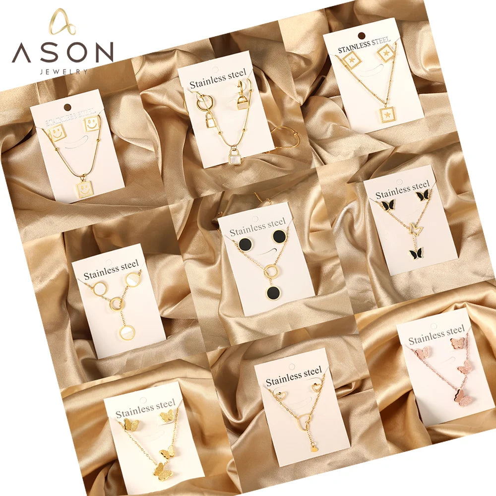 Ason Fashion Bridal Gold Stainless Steel square Smile Star Butterfly Heart Lock Pendant Necklace Earrings Jewelry Set for Women