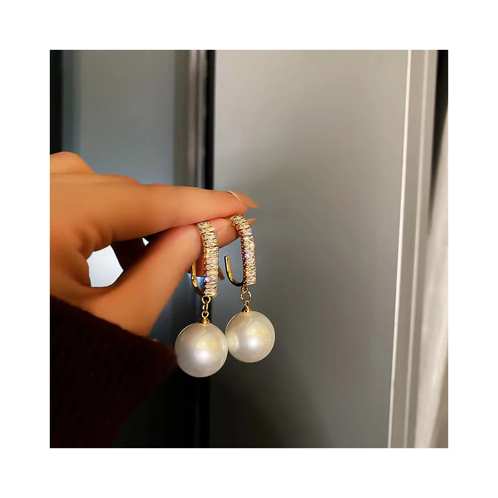 RisingMoon Real 18k Gold Plated Crystal Imitation Pearl Stud Earrings Bling Bling Zircon Pearl Drop Earrings