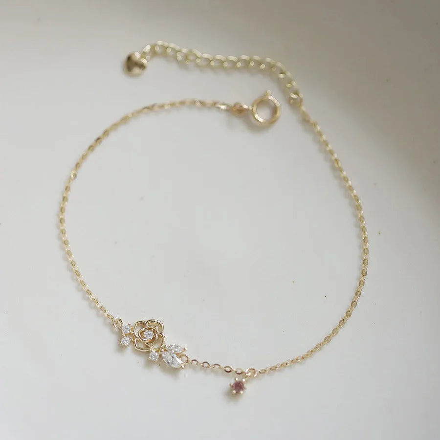 Dainty 925 Sterling Silver Fine Jewelry Bracelets 14k Gold Plated Hollow Flower Zircon Bracelet for Girl