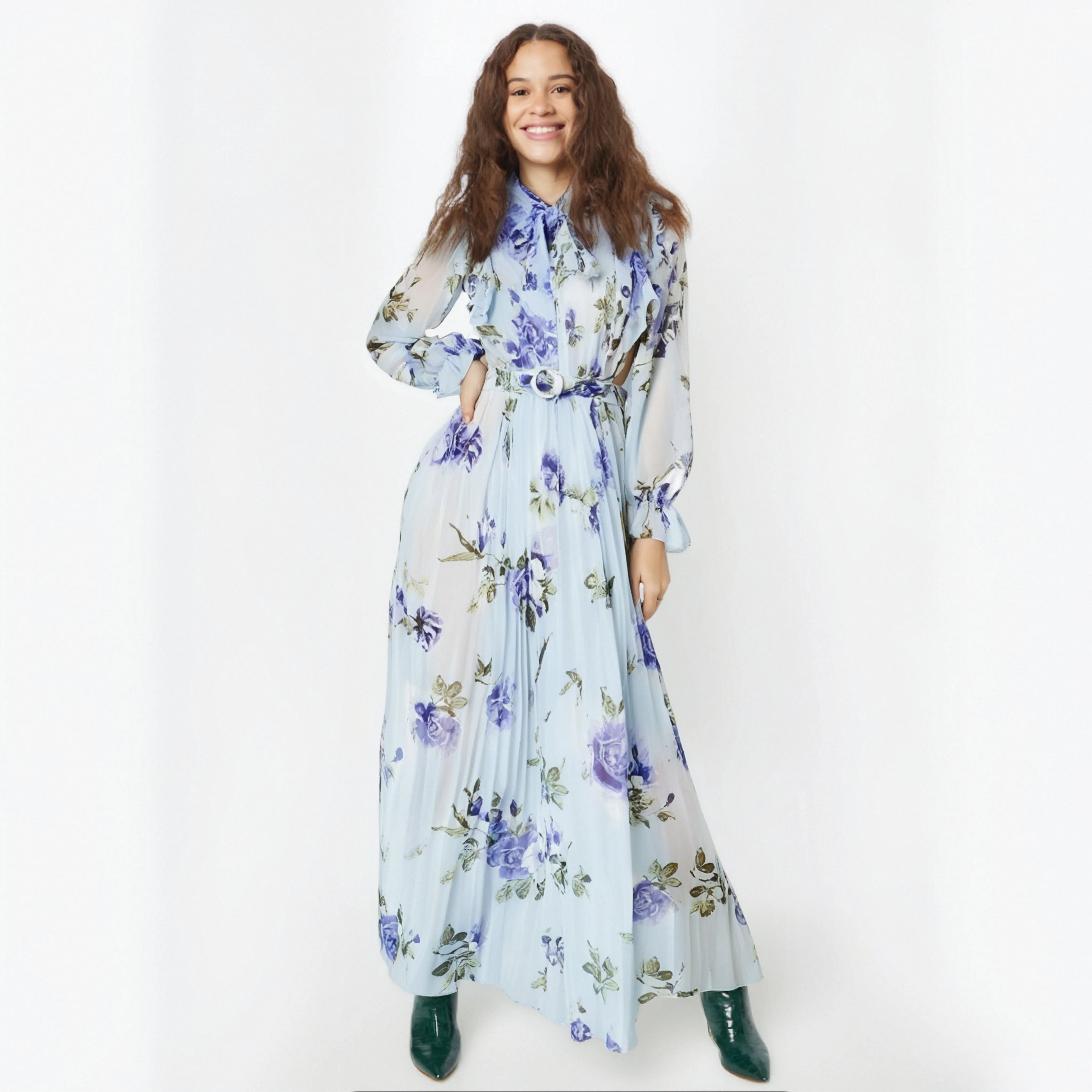 Womens Clothing Floral Print Solid Color Chiffon Floral Holiday Skirt Long Sleeved Add a Belt