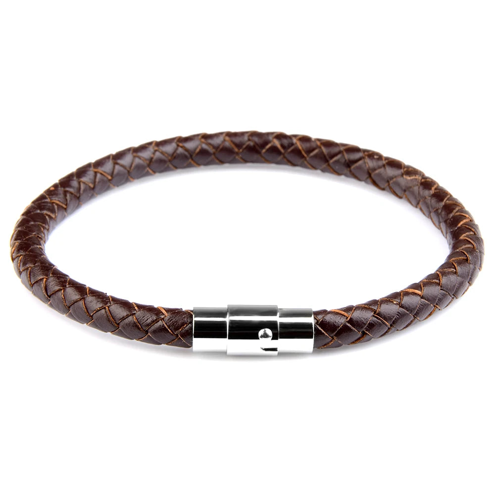 Wholesale Punk Brown Men Jewelry Stainless Steel Tube Clasp Braid Microfiber Leather Bracelets Bangles