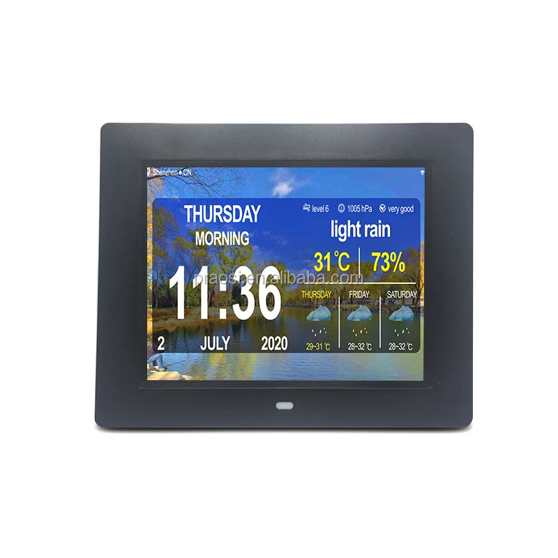 8" LCD Screen Digital Photo Video Display Alarm Clock Weather Forecast Auto Dimming WIFI Dementia Clock MP3 Audio Plastic Frame