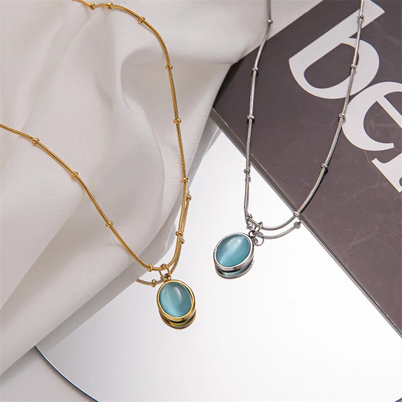 SC Popular Vintage Gold Silver Chokers Necklace Fashion Stainless Steel Necklace Retro Elephant Opal Pendant Necklace for Girls