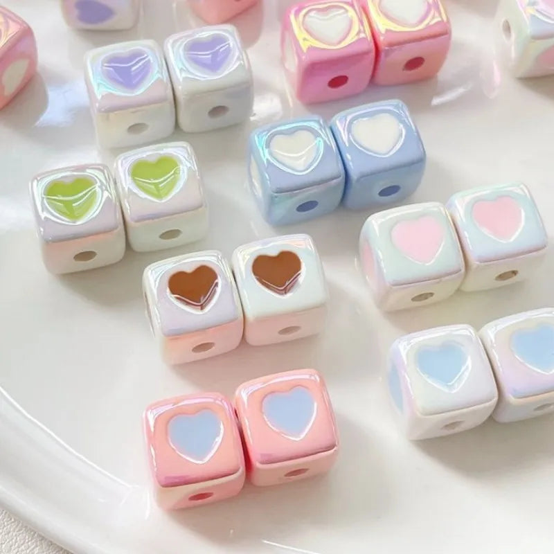 Cute Glossy Heart Shape Love All Sides Drop Oil Square Diy Handmade Loose Beads for Key Chain Bracelet Necklace