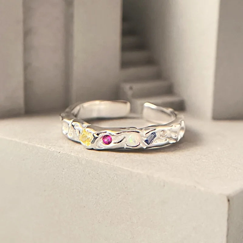 Fine Jewelry Hammered Texture Layered 925 Silver Geometric Moonstone and Zircon Ring