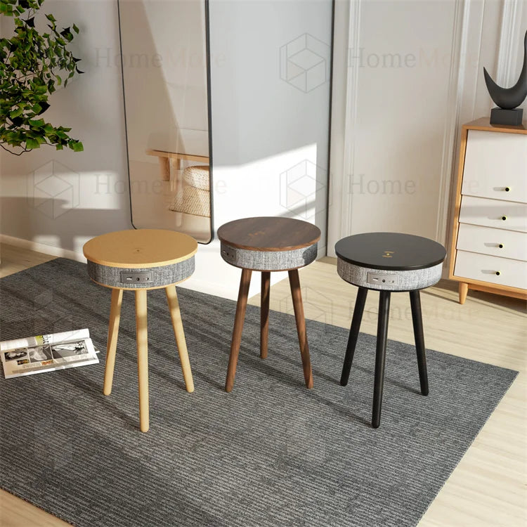 MDF Top 3 Legs Blue Tooth Connected Mobile Phone Speaker Coffee Table With 15w Fast Wireless Charging