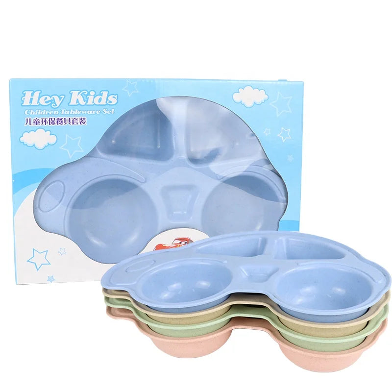 Hot Sale Baby Fruit Dinner Cartoon Dishes Plate Set Car Biodegradable Food Toy Plate Wheat Straw Dinnerware Set