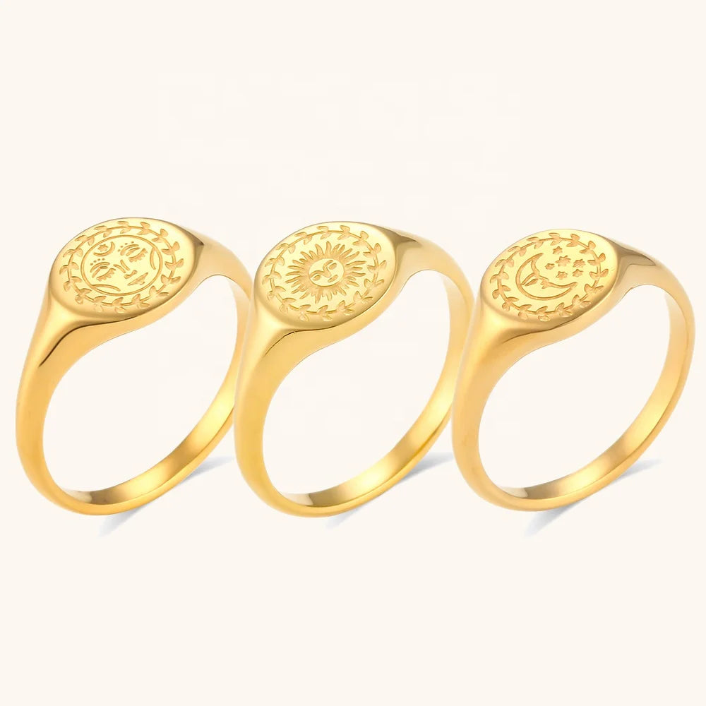 Dingran Fashion Engraved Sun Moon Goddess Signet Ring 18k Gold Plated Stainless Steel Jewelry