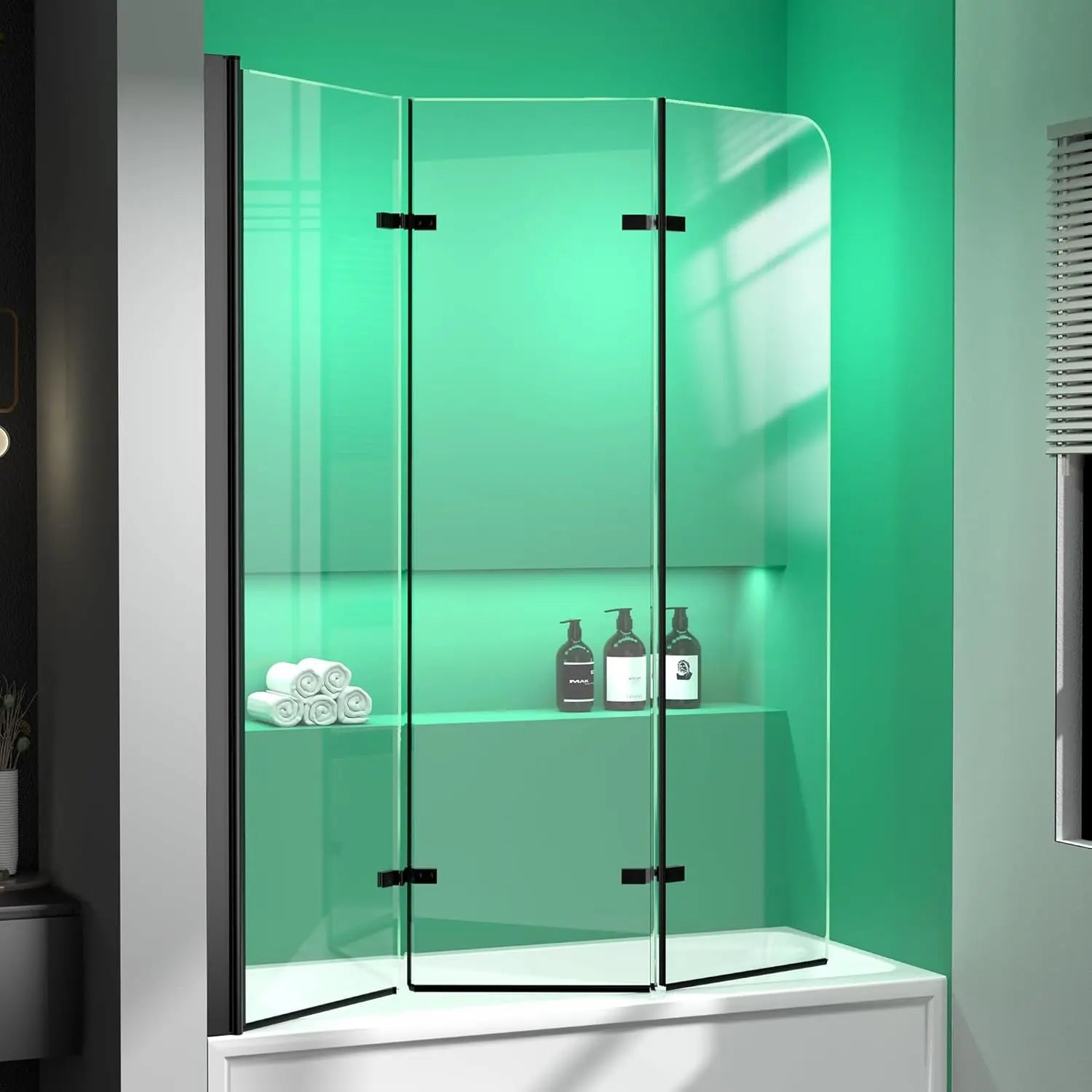 Semi-Frameless Foldable Hinged Bathtub Shower Glass Door Screen With Coating Tempered Panel Matte Black Size 51" W X 59" H
