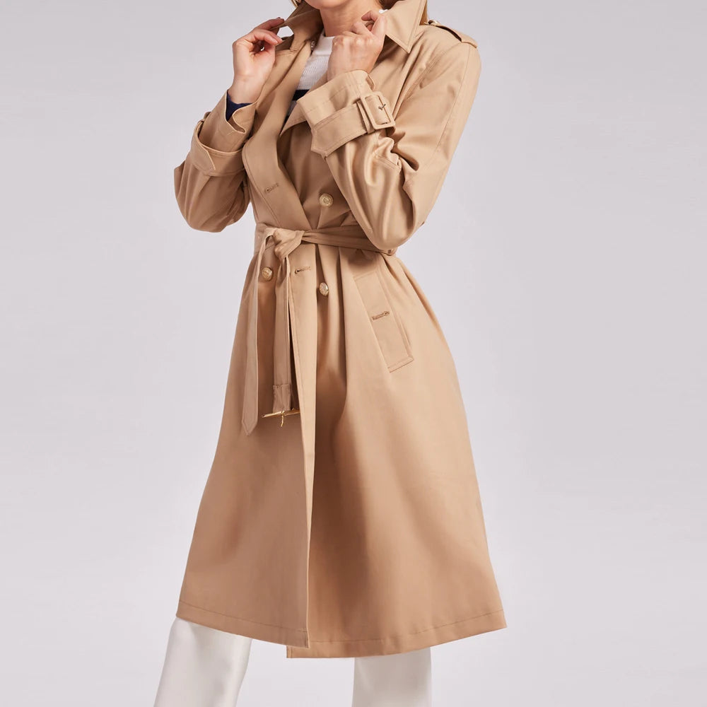 Factory Direct Lapel Neckline Waist Buckles Women Winter Apparel Long Trench Coat