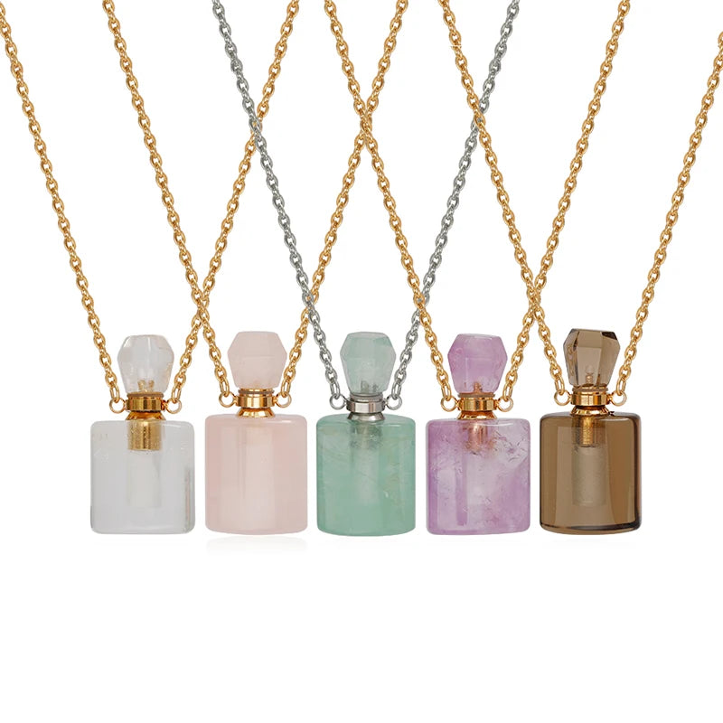 Wholesale Natural Crystal Perfume Bottle Pendant Necklace Aromatherapy Healing Gemstone Stainless Steel Necklace for Women