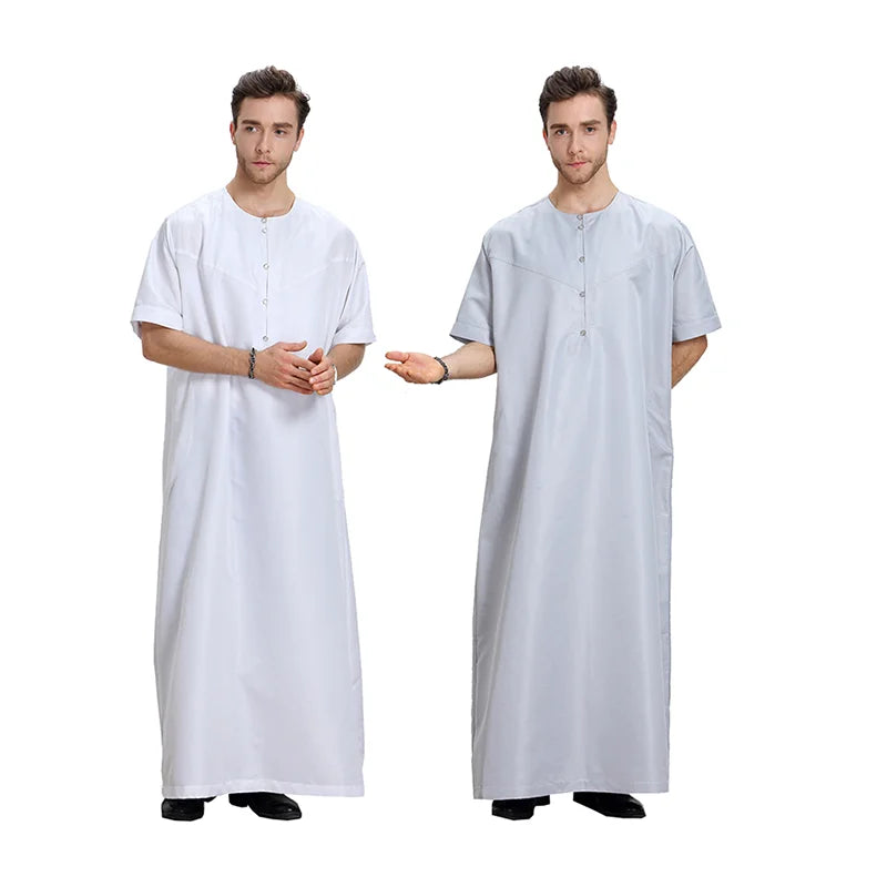 High Quality Muslim Arab Men Thobe Thawb Caftan Solid Color Short Sleeve Islamic Men Thobe