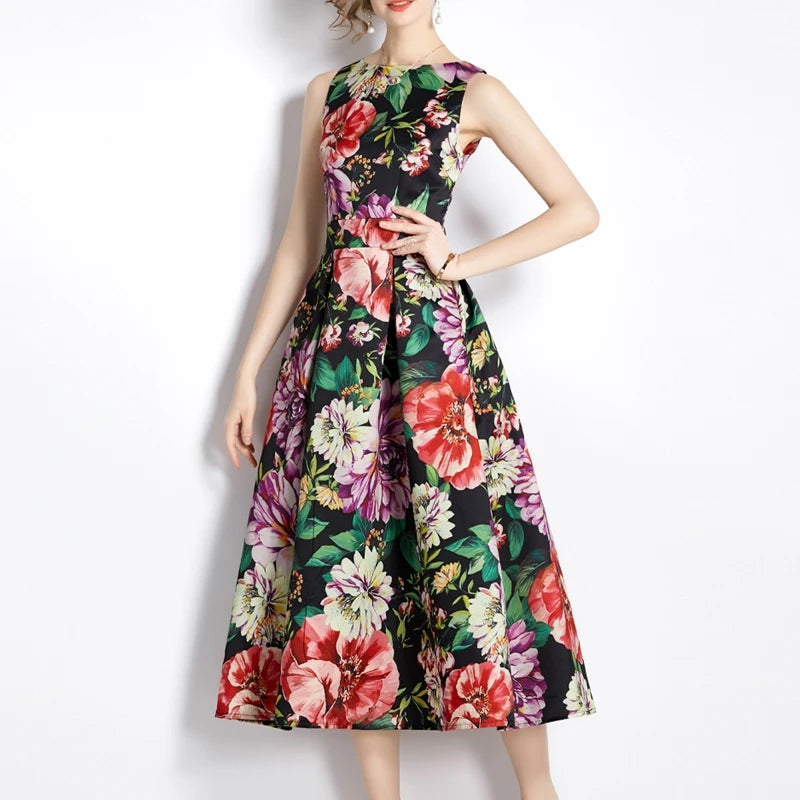 Summer New Women Fashion Floral Vintage Chic O Neck Sleeveless Floor-Length Washable Casual Holiday Dress Wholesale