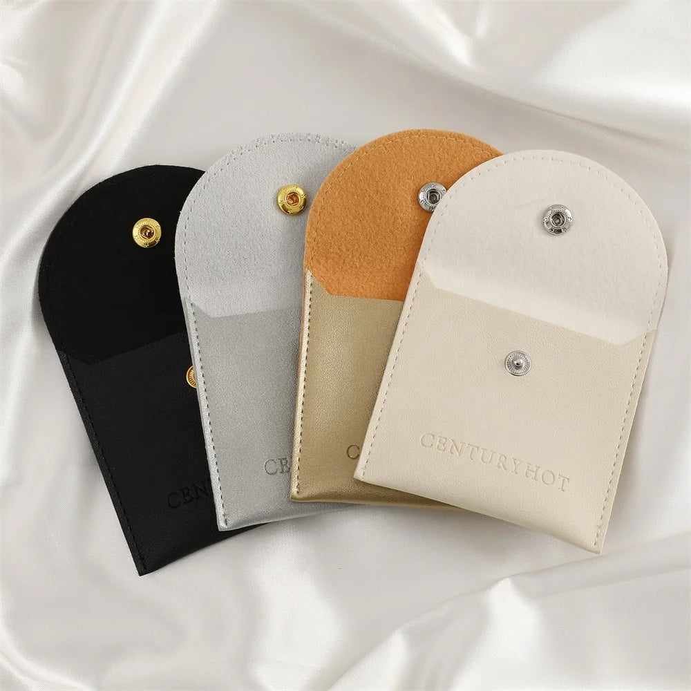 PUPPYSEW  Beige PU Leather Jewelry Pouch With Button Jewelry  PU Leather  Bags Bracelet Ring Pouches  With Logo Printed