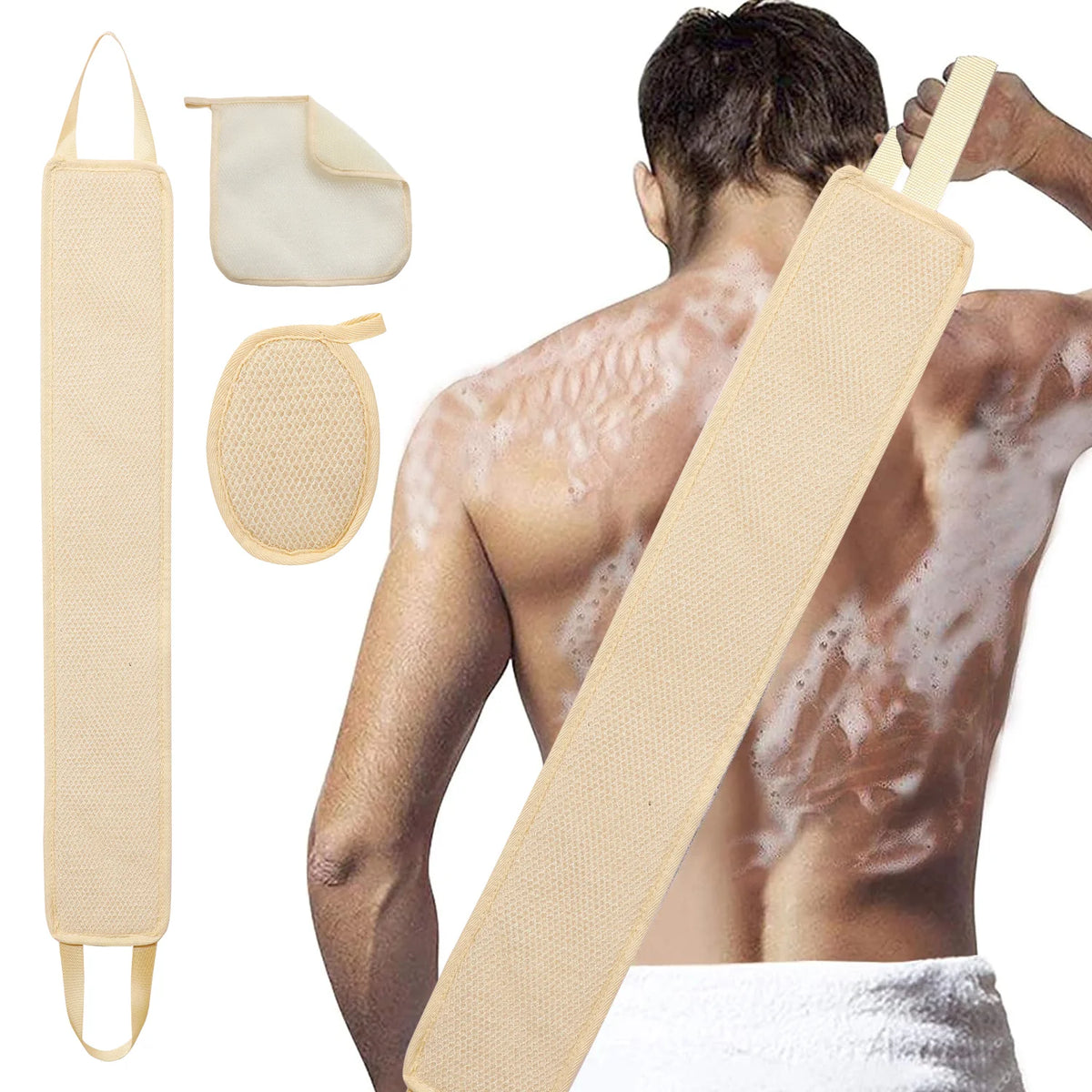 Exfoliating Bath Towel Back Scrubber Set Loofah Shower Sponge for Body Cleansing