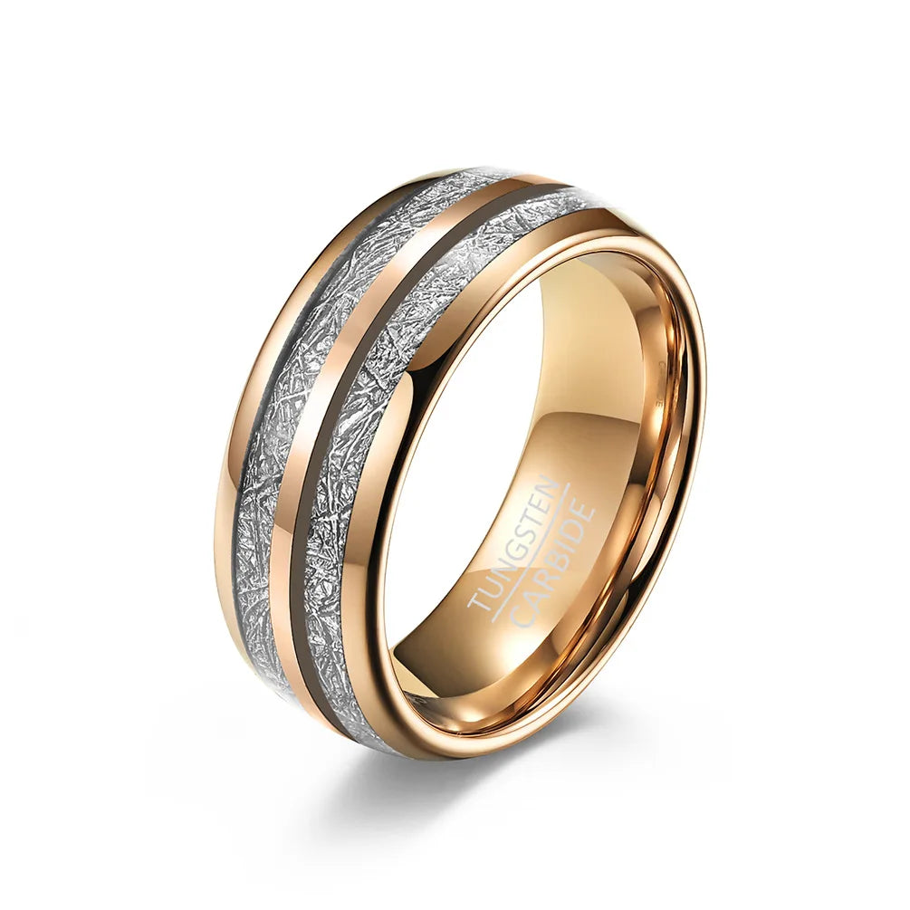 China Wholesale Mens Meteorite Inlay Black Rose Gold 6mm 8mm Tungsten Carbide Couple Ring Set for Wedding Engagement