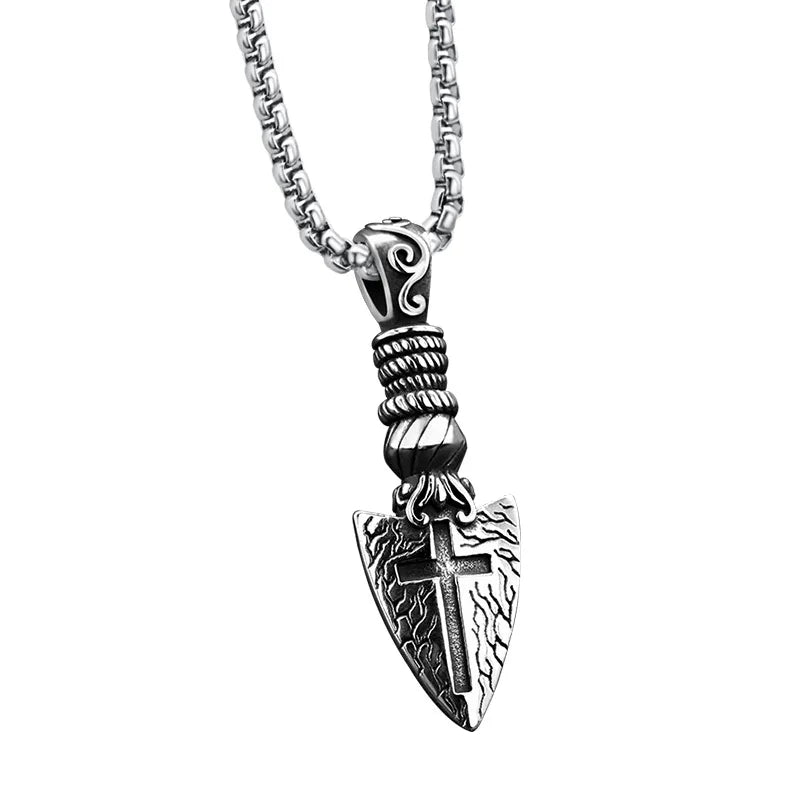 European and American Hip-hop Jewelry Cross Shield Spearhead Trend Creative Stainless Steel Men's Dart Fine Pendant Necklace