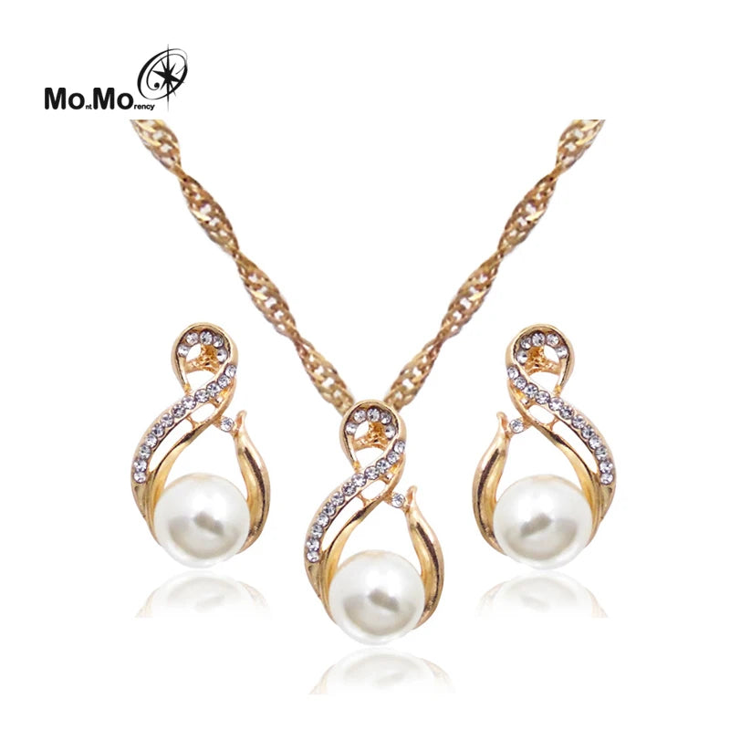 Best Selling Elegant Women Wedding Water Drop Pearl Rhinestone Pendant Earrings Necklace Simple Real Bridal Pearl Jewelry Sets