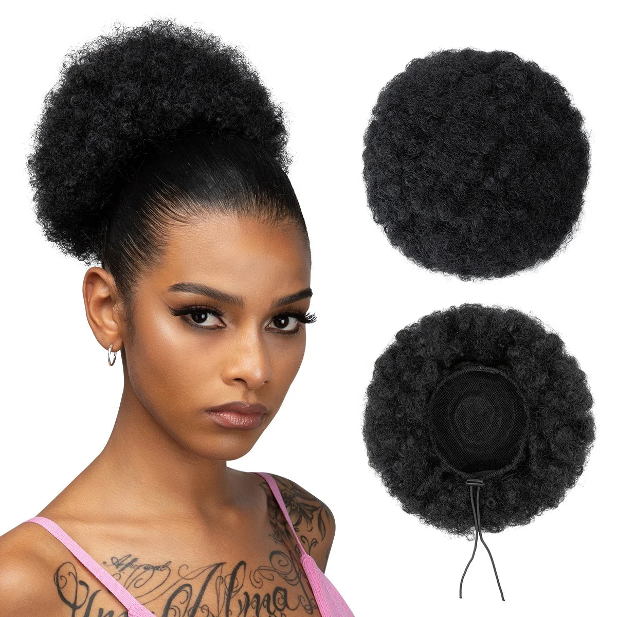 Black Women's Afro Kinky Curls Synthetic Chignon Chingon Afro Hair Puffs Buns Extension Comb Clip Drawstring Ponytail Postiche