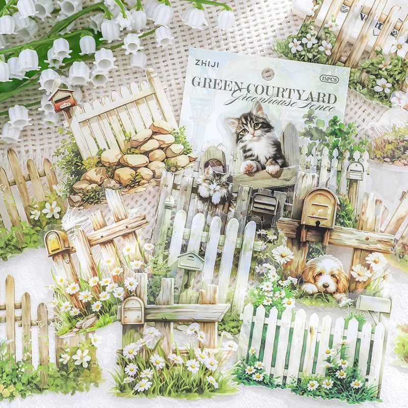 Pack of 15 Flower House Fence Series Decorative Landscaping Stickers for Patio Theme Materials