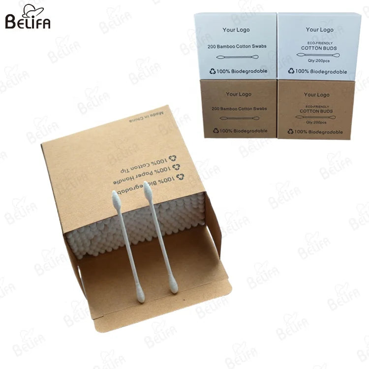 Disposable Paper-wrapped for Cotton Buds Eyelash Cleaning Q Tips Cotton Swab with Paper Stem Stick in White Paper Card Flat Box