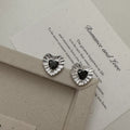 Vintage Simple Korean Style Black Zircon Heart Wedding Stud Earrings for Women 925 Sterling Silver Jewelry