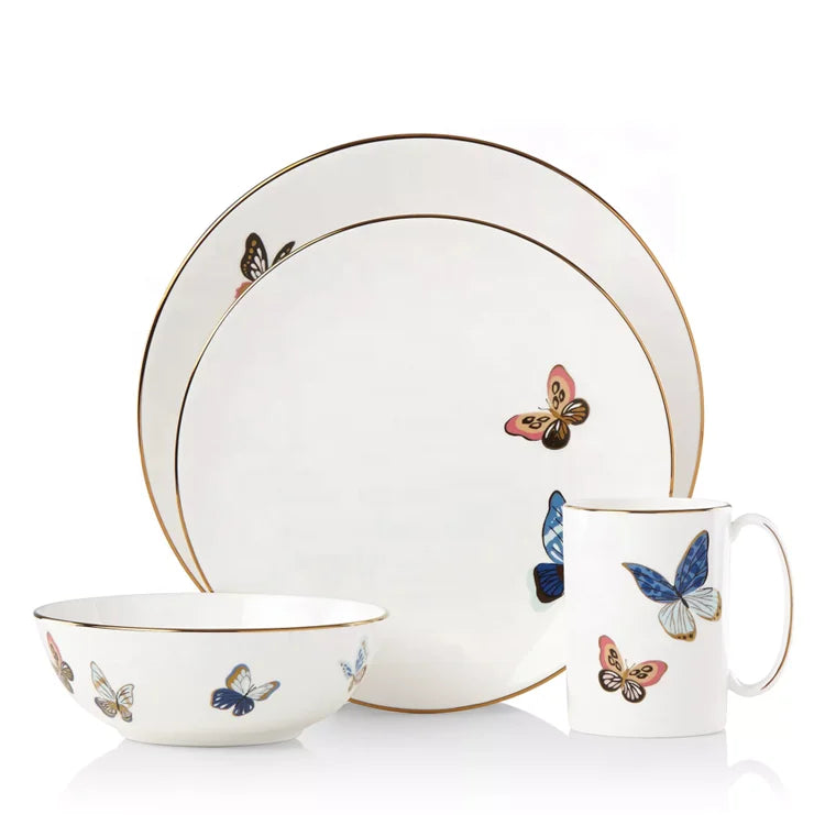 Wholesale High End Minimalist 4 Pcs butterfly Fine Dinner Serving Ceramic Dinnerware Sets for Banque