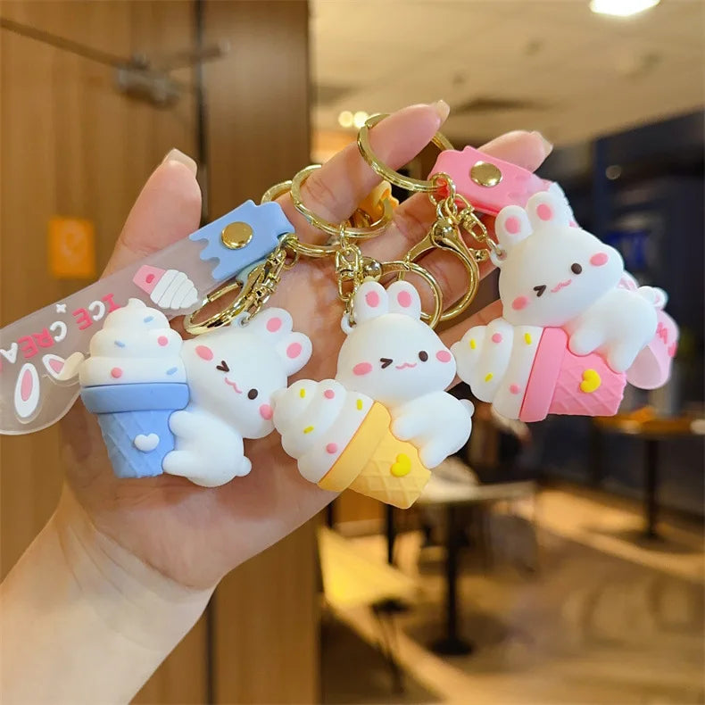 Wholesale Cute Kawaii Doll Pendants Silicone Rubber Rabbit Keychain with Ice Cream