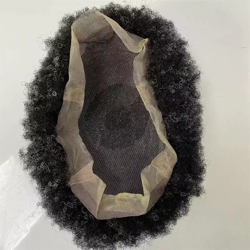 Stock Natural Hairline Afro Full Lace Human Hair Kinky Curly Toupee Hair Replacement African Black Men