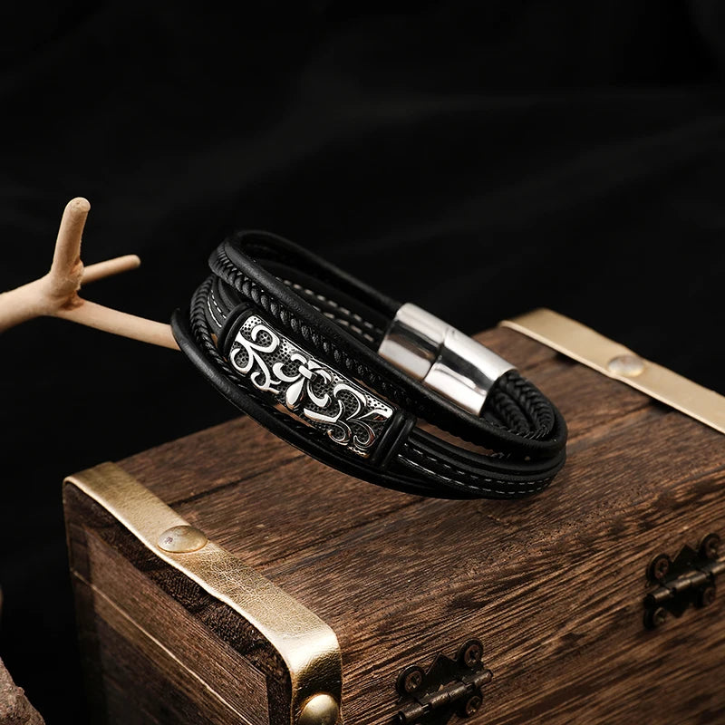 Trendy Punk Man Jewelry Stainless Steel Leather Bracelet Silver Man Multi-layer Real Leather Bracelet