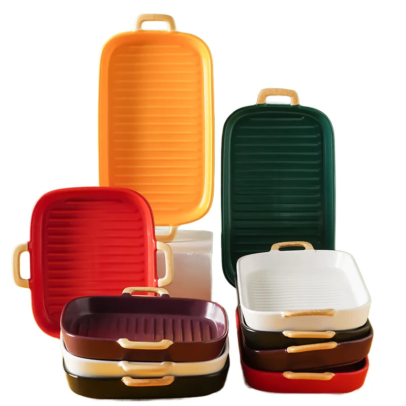New Arrival Custom Size Colorful Salad Fruit Turkey Serrving Plate Ceramic Bakeware with Handle for Home Restaurant