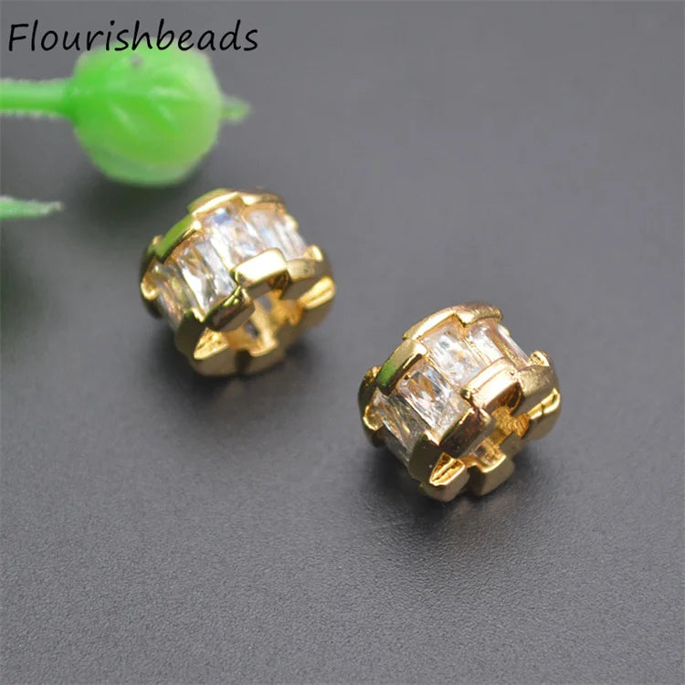 Jewelry Accessories Color Remain 18K Gold Plated CZ Pave Cylinder Tube Spacer Loose Beads for DIY Bracelet Making