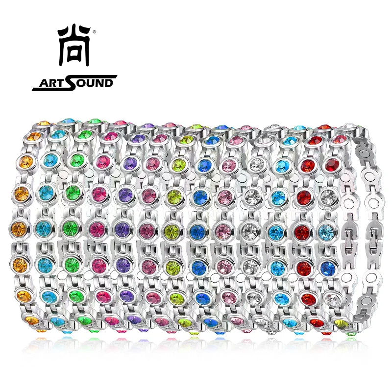 Latest Design Custom LOGO 316 Stainless Steel Jewelry Colourful Zircon Stone 4 in 1 Energy Therapy Magnetic Bracelets for Women