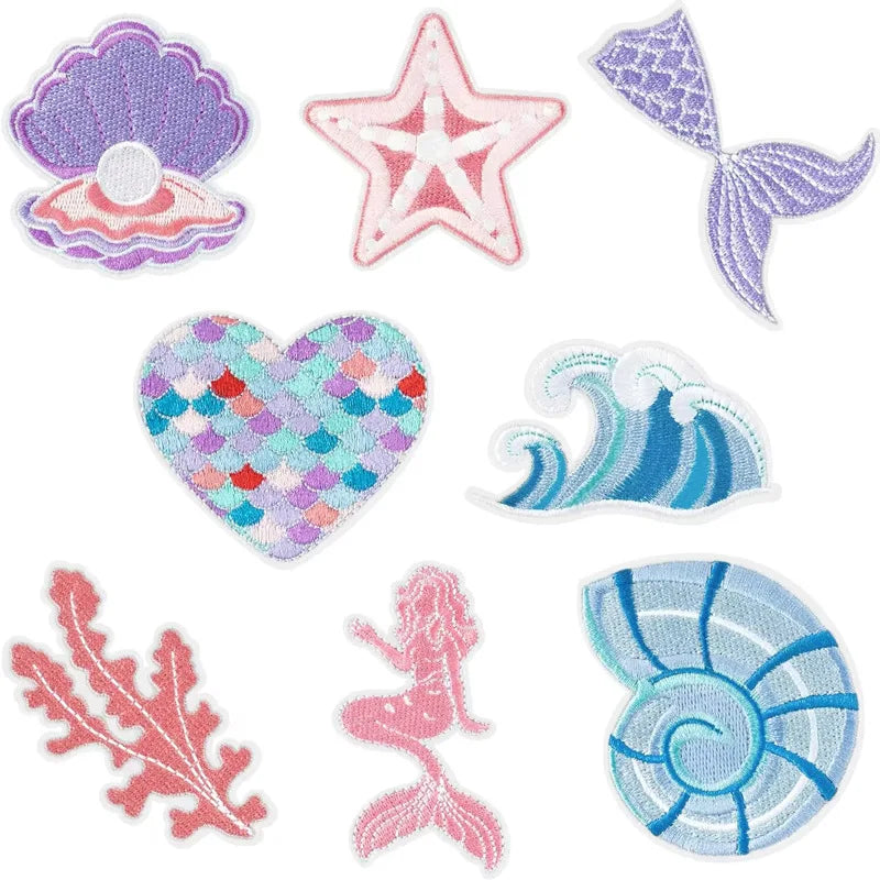 Fantasy Macaroon Color Embroidered Eco-Friendly PVC Iron Sea Shell Starfish Wave Mermaid Patch for Clothing Hat Bag Decoration