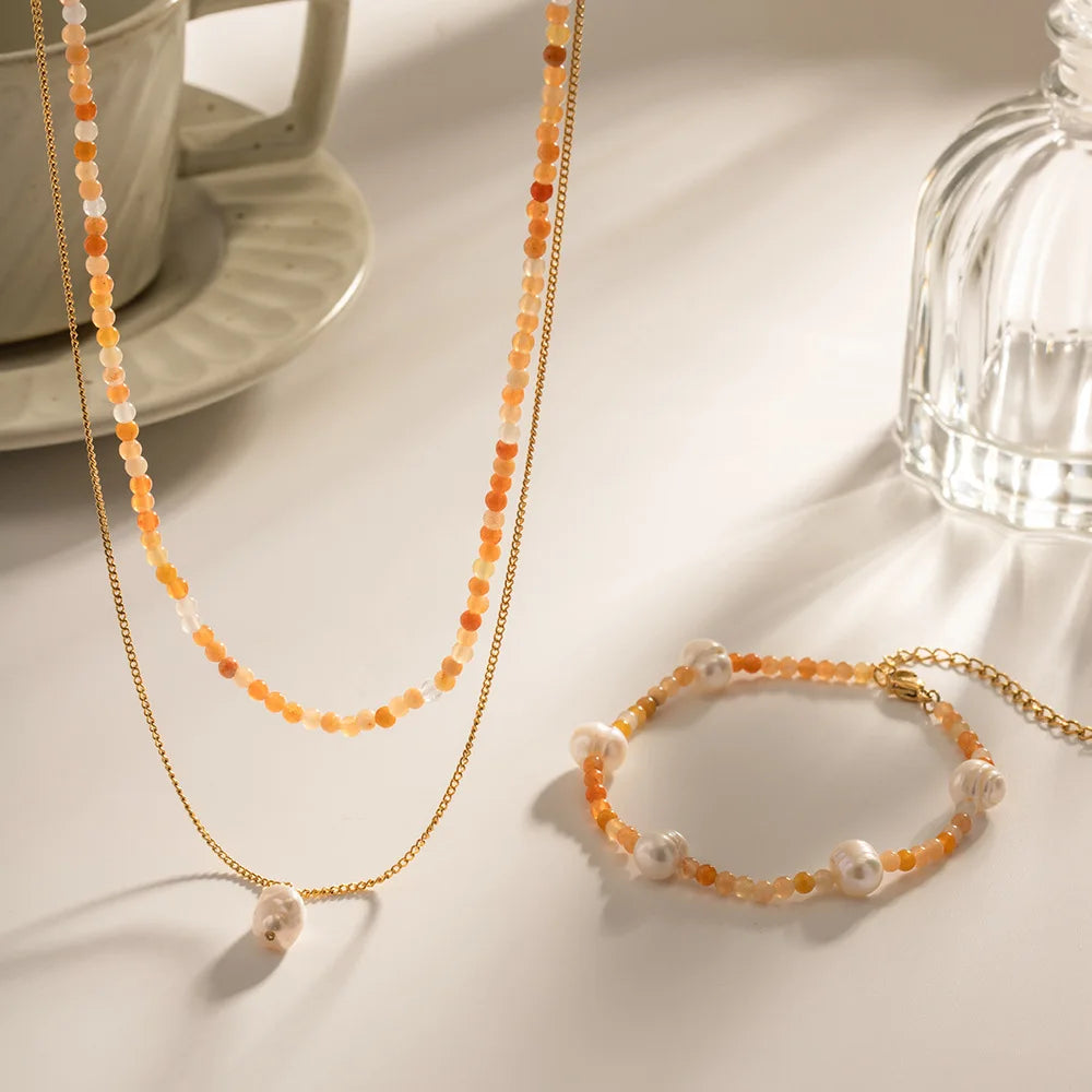 Handmade Natural Stones Jewelry Popular Baroque Pearl Necklace and Bracelet Sets Tarnish Free Gold Stainless Steel Jewelry