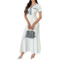 Elegant V Neck Denim Patchwork Knitted Long Dress Office Lady Pockets Robes Women Fashion Short Sleeved Buttons Bodycon Dresses