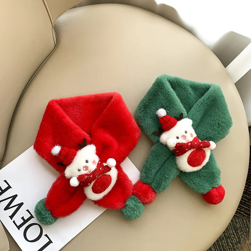 ZG Winter Children's Scarf Warm Christmas Deer Cartoon Fur Ball Red Green Baby Fluff Scarf Snowman Kids Scarf