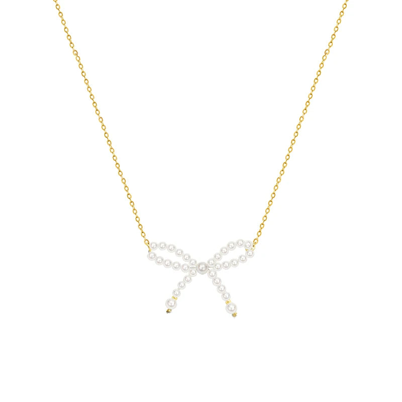 18K Gold Plated Retro Imitation Pearl Bow Pendant Necklace Clavicle Chain Stainless Steel Accessories for Anniversary Occasions