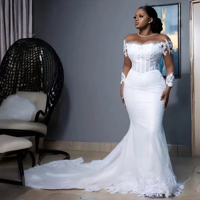 New Arrival Bridal Gown Luxury Elegant Beaded Sequin Lace Appliques Tulle Long Train Mermaid Wedding Dress