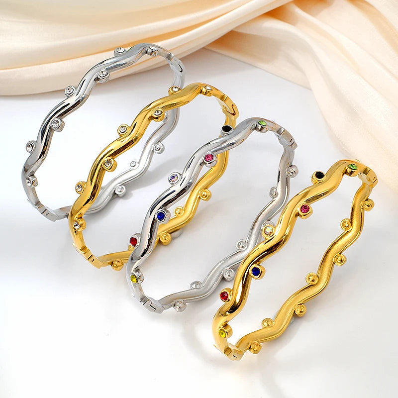 Fashion Fine Wholesale Jewelry Tarnish Free 18K Gold Plated Colour Diamond Bangle Bracelet Joyas De Acero Inoxidable Para Mujer