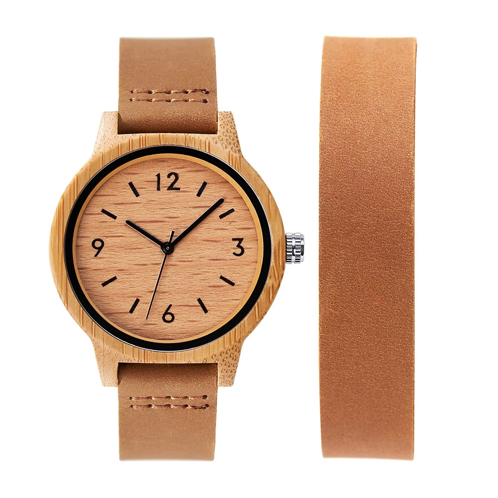 Unisex Fashion Antique Business Bamboo Watch with Pointer Dial and Adjustable Leather Strap for Men and Women