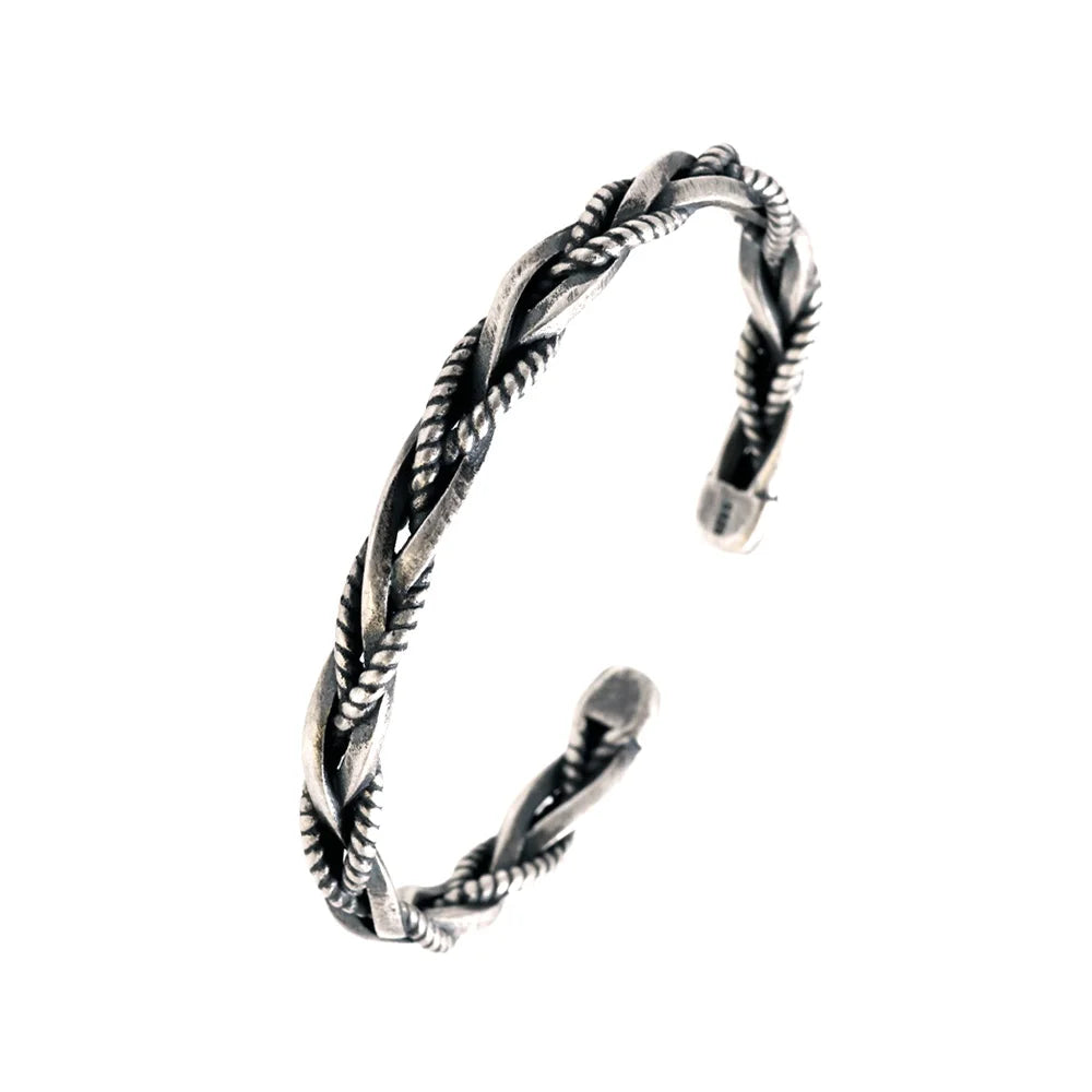 Sterling Silver S925 Vintage Twist Braided Bracelet Bangles for Men and Women Simple Opening Design Adjustable Size Jewelry