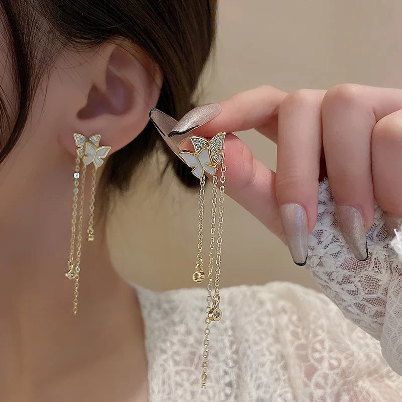 S925 Silver Needle Exquisite Double Butterfly Earrings Temperament Long Chain Tassel Earrings Ladies Trendy Earrings 2022