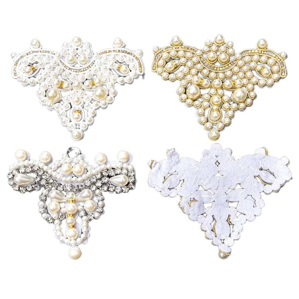 Embroidery Pearl Rhinestone Patches Beaded Strass Crystal Applique for High Heel Shoes Clothing Bags