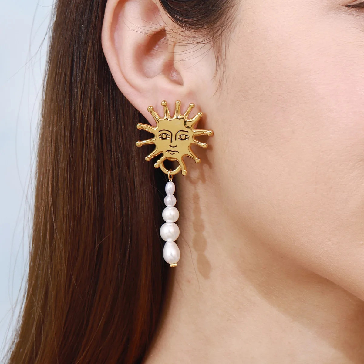 Stainless Steel 18K Gold Plated Jewelry Gift Sun Shape Texture Face Pendant Earring Women