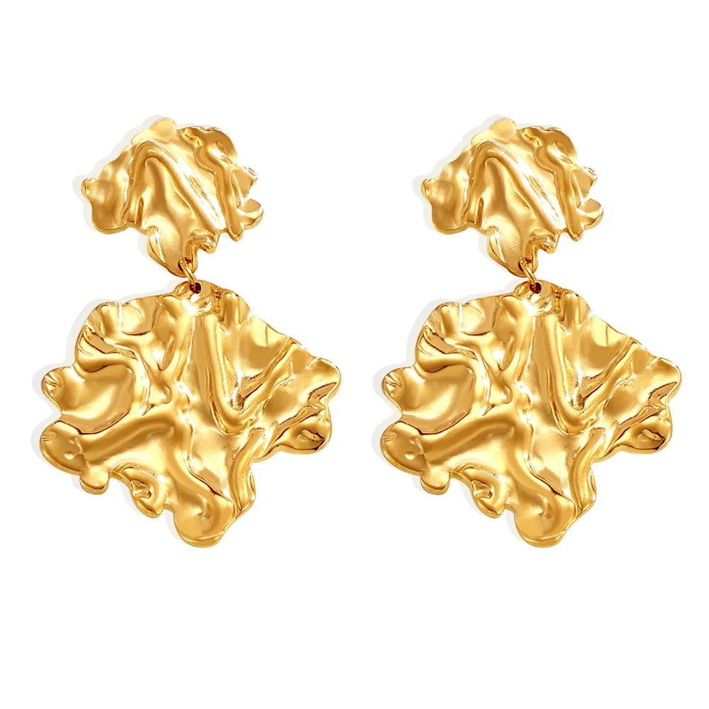 Personality Trend Earrings Hammer Pleated Leaves Exaggerated Earrings Stainless Steel PVD Electroplated Color Preserving Jewelry
